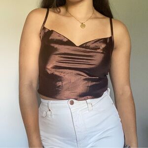 brown cowl neck crop top